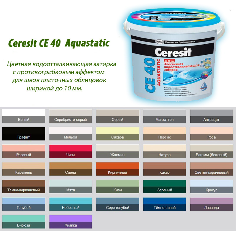 Цвета затирок для плитки Ceresit СЕ 40 Aquastatic