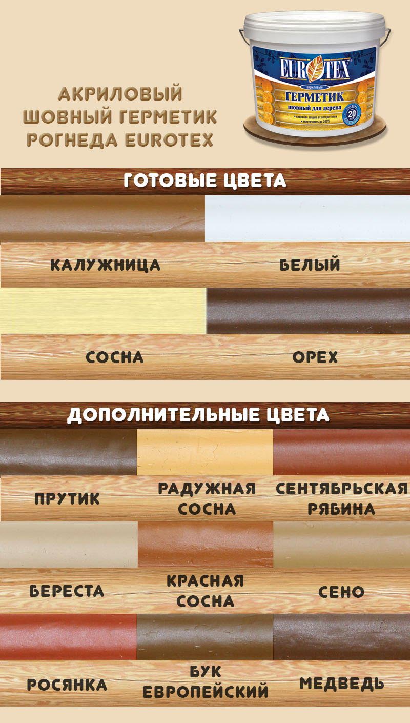 Таблица цветов акрилового герметика Рогнеда Eurotex