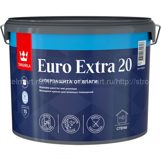 Tikkivala Euro Extra 20 A (Евро Экстра 20) полуматовая краска для стен и потолков в помещениях с повышенной влажностью 9 л.