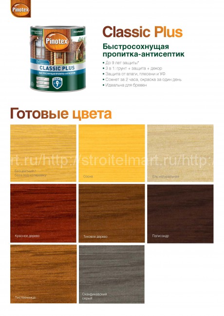 Pinotex Classic Plus / Пинотекс Классик Плюс пропитка антисептик 3 в 1 защита до 9 лет (0,9л)