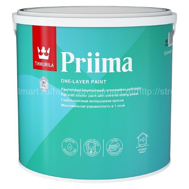 TIKKURILA PRIIMA (Тиккурила Прима) краска интерьерная, однослойная, глубокоматовая, 9л (База С)