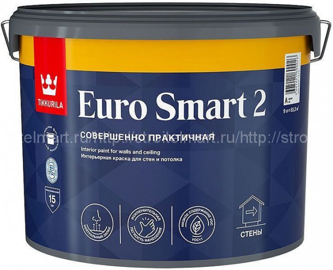 Краска Tikkivala Euro Smart 2 (Евро Смарт 2) глубокоматовая для стен и потолков, 9 л.