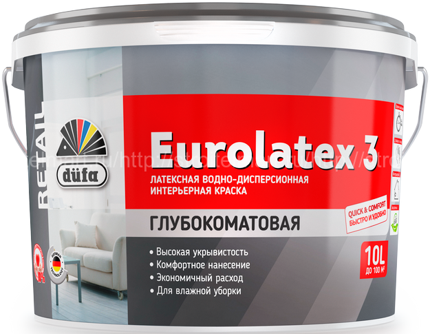 Dufa Retail Eurolatex 3 (Дюфа Ретейл Евролатекс 3) краска латексная интерьерная для стен и потолков 10л